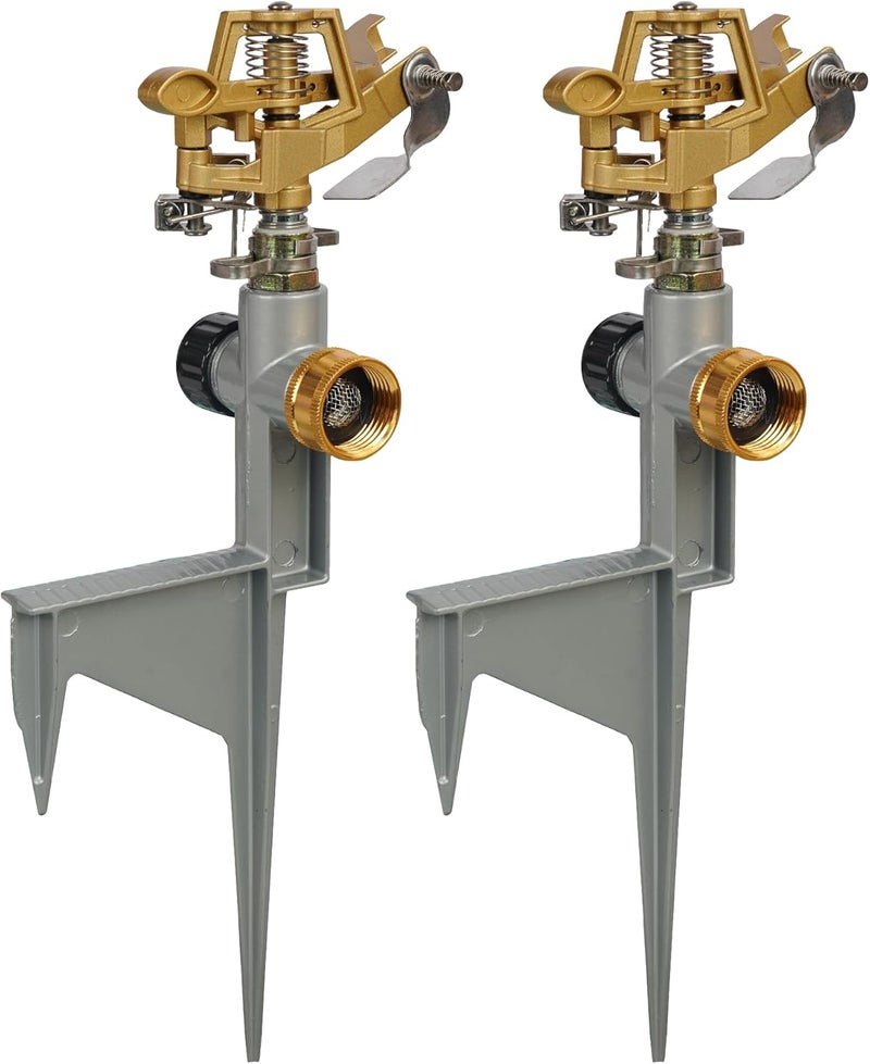 LIULO TOOL 2 Pack Zinc Alloy Impact Sprinklers for Yard, Stainless Steel Pulsating Water Sprinkler Head on Spike Base, Adjustable Water Sprinklers for Large Area Patio Lawn Garden Irrigation - Image 1